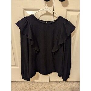 Madewell Womens Black Plaid Ruffle Front Crew Neck Peasant Top, Small